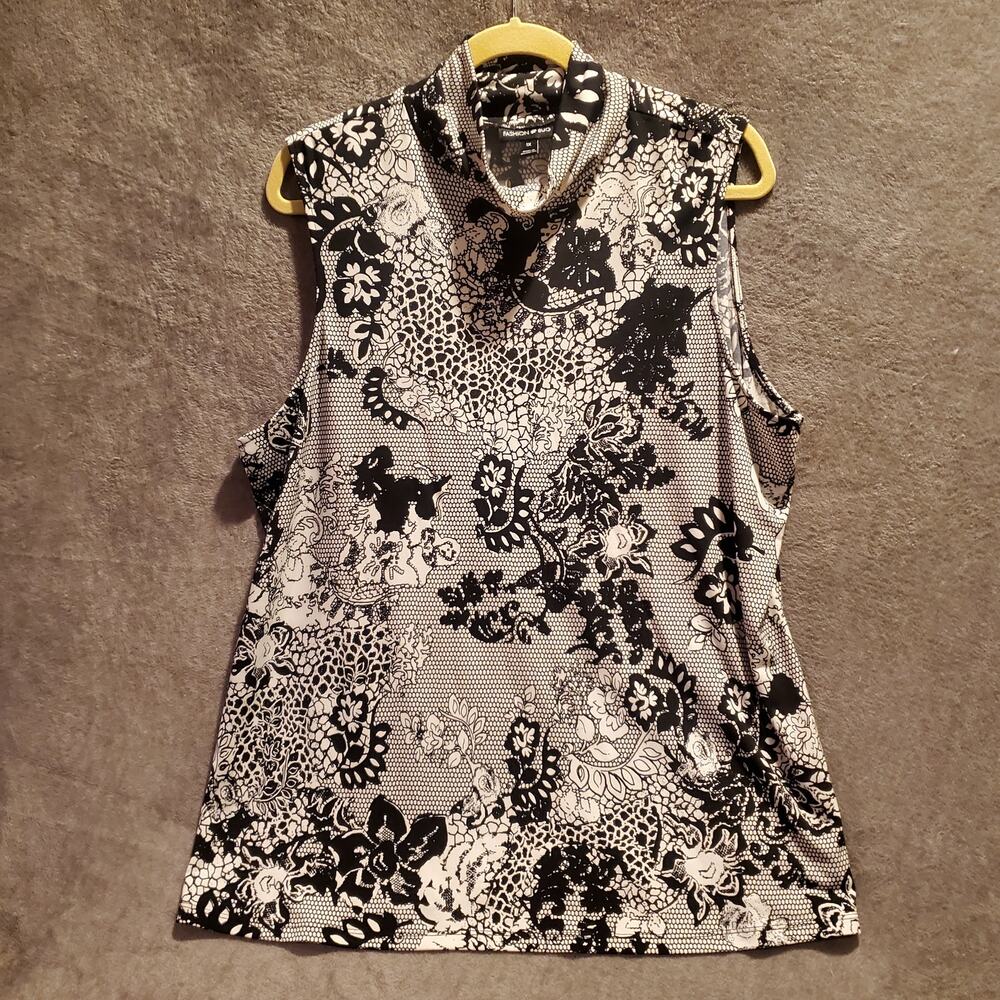 Fashion Bug Sleeveless Mock Neck Black White Floral Print Stretch Top Plus Size